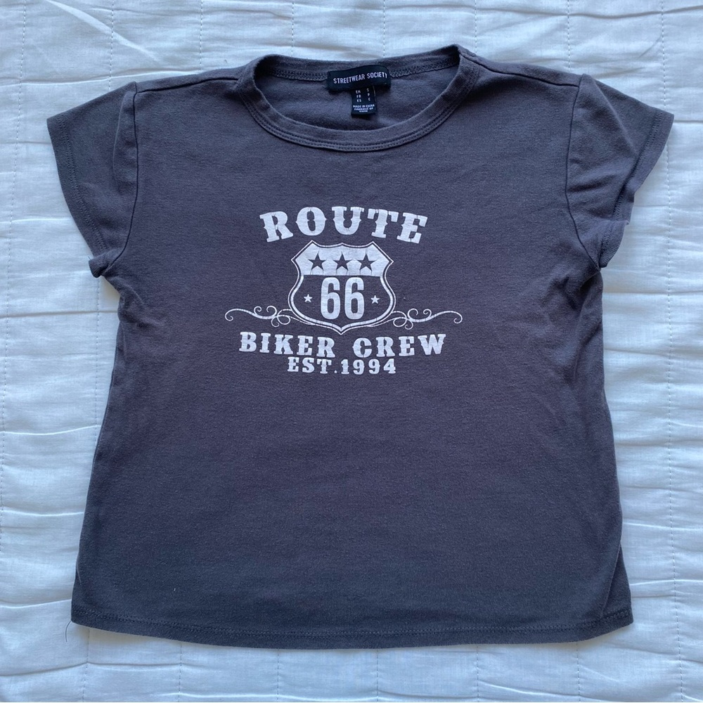Streetwear Society Charcoal Route 66 Biker Crew Graphic Tee